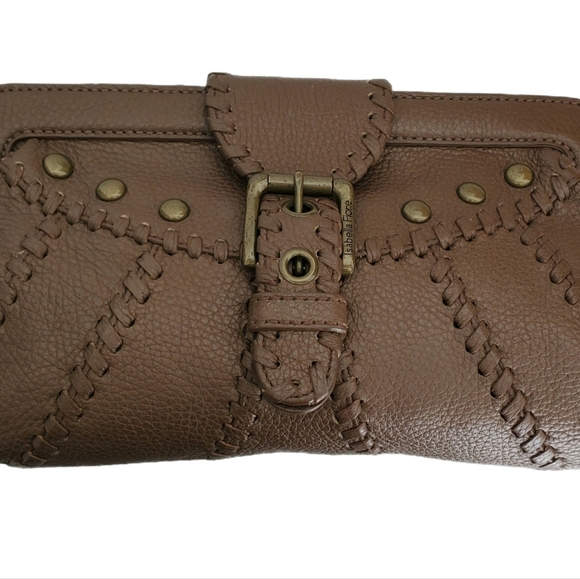 Isabella Fiore Brown Leather Bronze Studded Accents Clutch Handbag - Picture 2 of 7